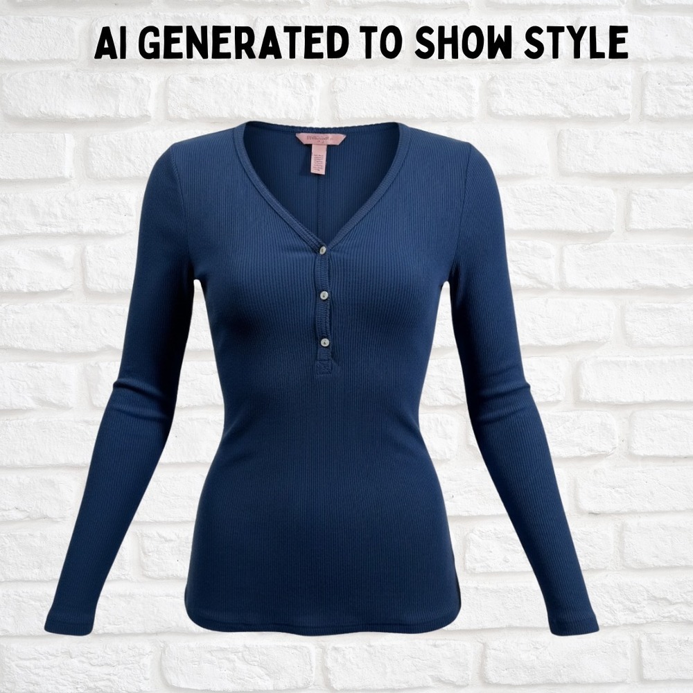 Hunkemoller Blue Ribbed Henley Top Long Sleeve V-Neck Scalloped Trim Size M